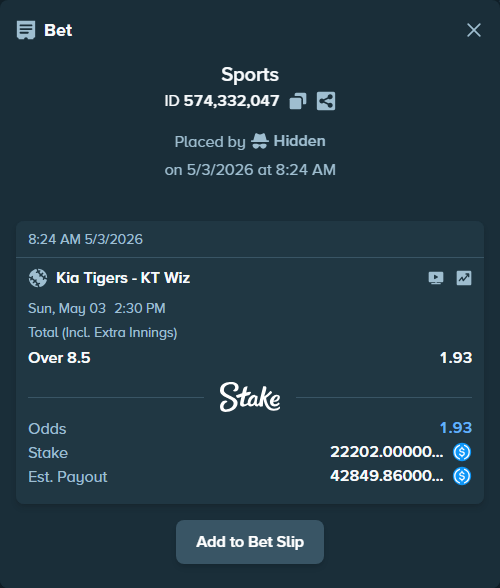 Bet slip: Kia Tigers - KT Wiz, $22,202.00 stake at 1.93 odds, placed by Hidden