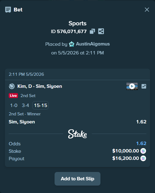 Bet slip: Kim, D - Sim, Siyoen, $23,640.00 stake at 1.62 odds, placed by AustinAlgamus