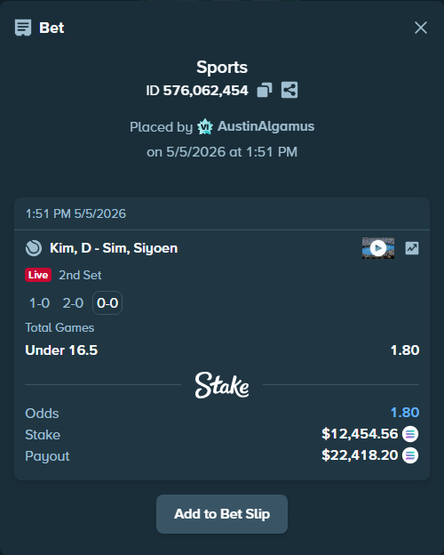 Bet slip: Kim, D - Sim, Siyoen, $29,417.67 stake at 1.80 odds, placed by AustinAlgamus