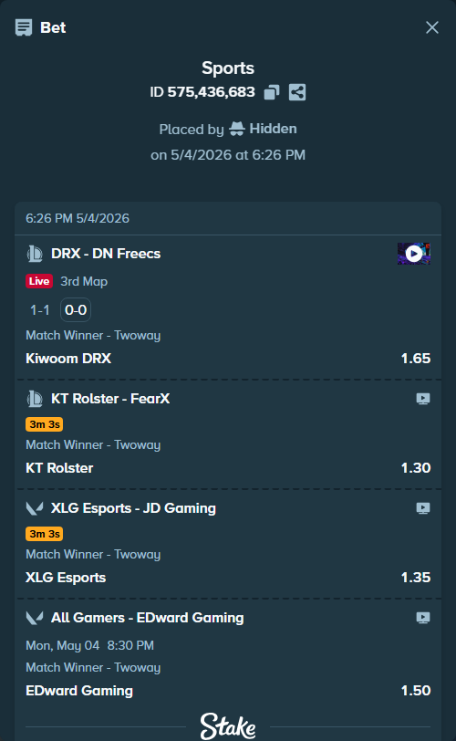 Bet slip: Kiwoom DRX - DN SOOPers, $13,000.00 stake at 1.65 odds, placed by Hidden