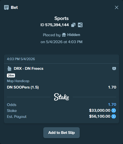 Bet slip: Kiwoom DRX - DN SOOPers, $33,000.00 stake at 1.70 odds, placed by Hidden