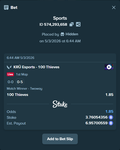 Bet slip: KRÜ Esports - 100 Thieves, $13,161.90 stake at 1.85 odds, placed by Hidden