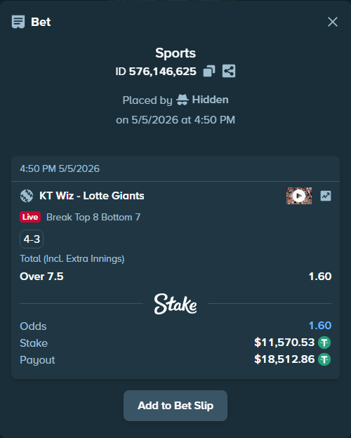 Bet slip: KT Wiz - Lotte Giants, $11,570.53 stake at 1.60 odds, placed by Hidden