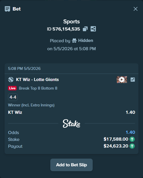 Bet slip: KT Wiz - Lotte Giants, $17,588.00 stake at 1.40 odds, placed by Hidden