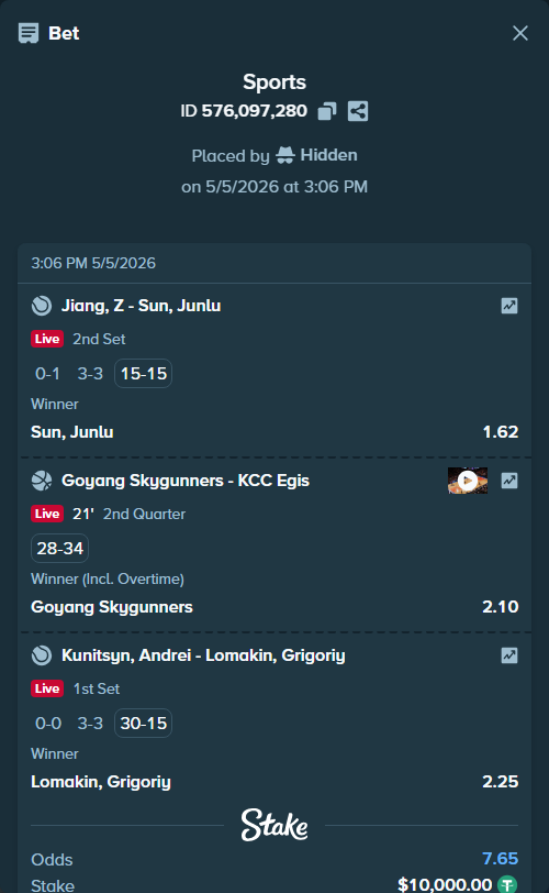 Bet slip: Kunitsyn, Andrei - Lomakin, Grigoriy, $10,000.00 stake at 2.25 odds, placed by Hidden