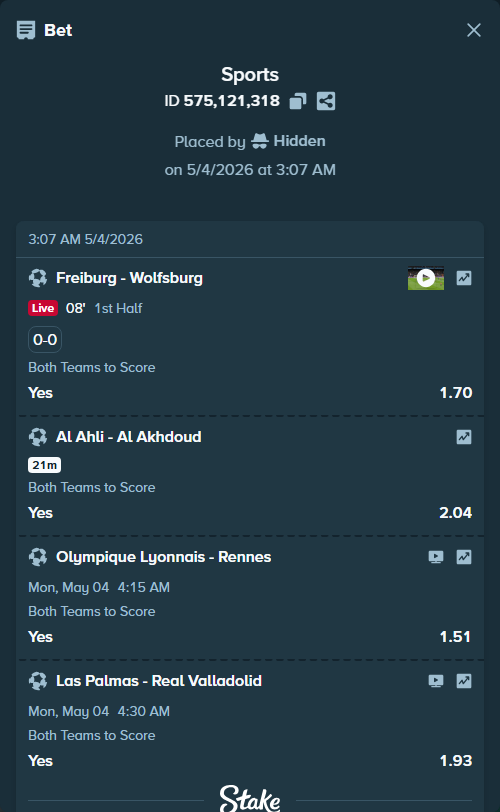 Bet slip: Las Palmas - Real Valladolid, $10,000.00 stake at 1.93 odds, placed by Hidden