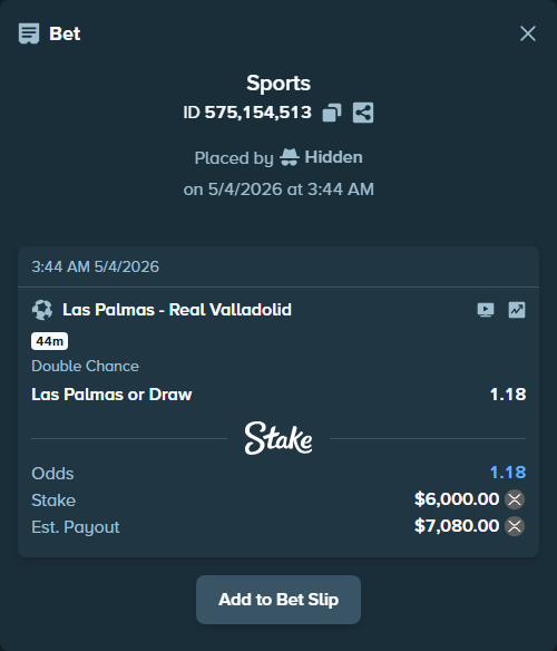 Bet slip: Las Palmas - Real Valladolid, $10,756.50 stake at 1.18 odds, placed by Hidden