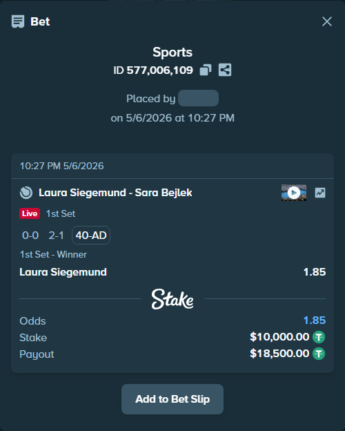 Bet slip: Laura Siegemund - Sara Bejlek, $10,000.00 stake at 1.85 odds, placed by Horodek95