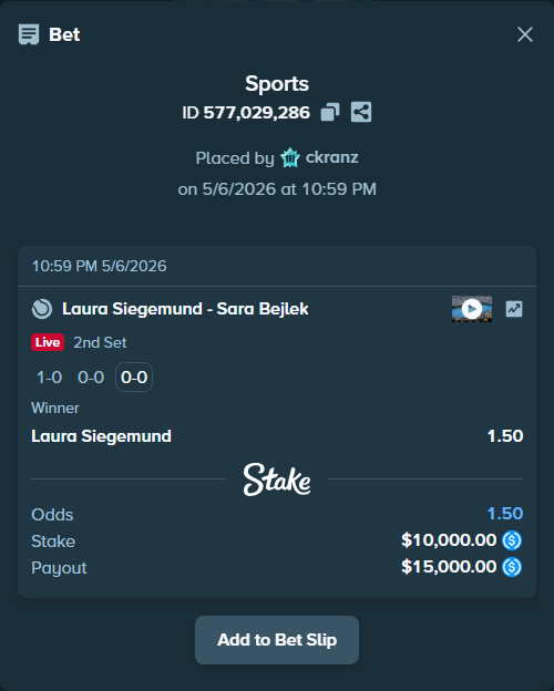 Bet slip: Laura Siegemund - Sara Bejlek, $10,000.00 stake at 1.50 odds, placed by ckranz
