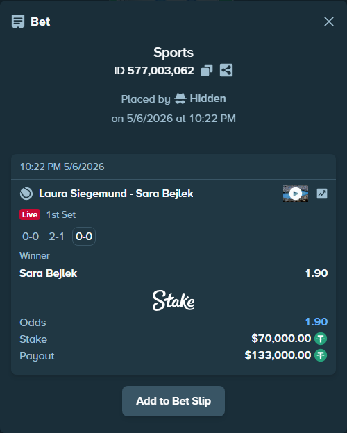 Bet slip: Laura Siegemund - Sara Bejlek, $70,000.00 stake at 1.90 odds, placed by Hidden