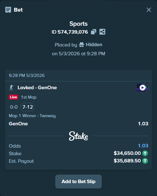 Bet slip: Lavked - GenOne, $34,650.00 stake at 1.03 odds, placed by Hidden