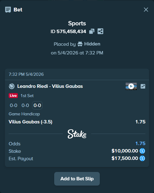 Bet slip: Leandro Riedi - Vilius Gaubas, $10,000.00 stake at 1.75 odds, placed by Hidden