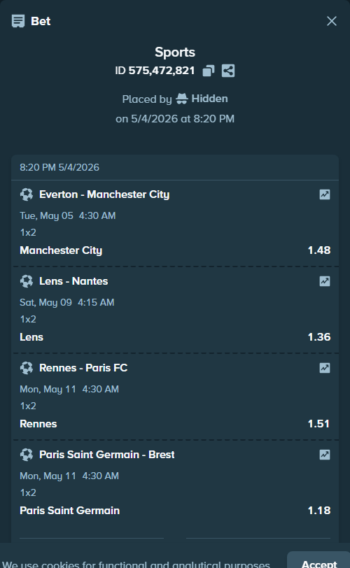 Bet slip: Lens - Nantes, $10,000.00 stake at 1.36 odds, placed by ASUKSA