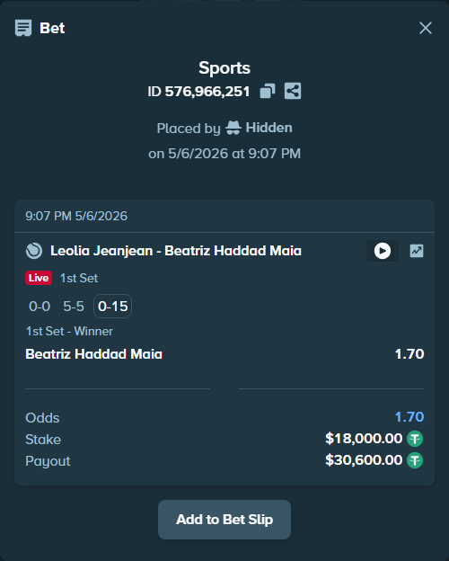 Bet slip: Leolia Jeanjean - Beatriz Haddad Maia, $18,000.00 stake at 1.70 odds, placed by Hidden