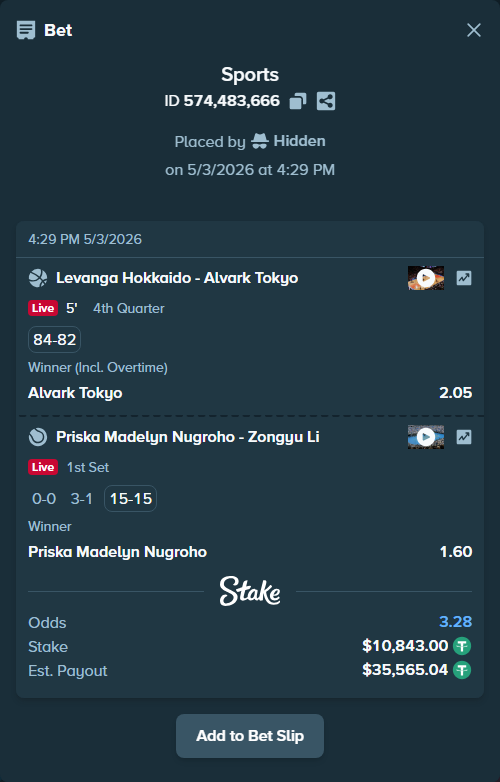 Bet slip: Levanga Hokkaido - Alvark Tokyo, $10,843.00 stake at 2.05 odds, placed by Hidden