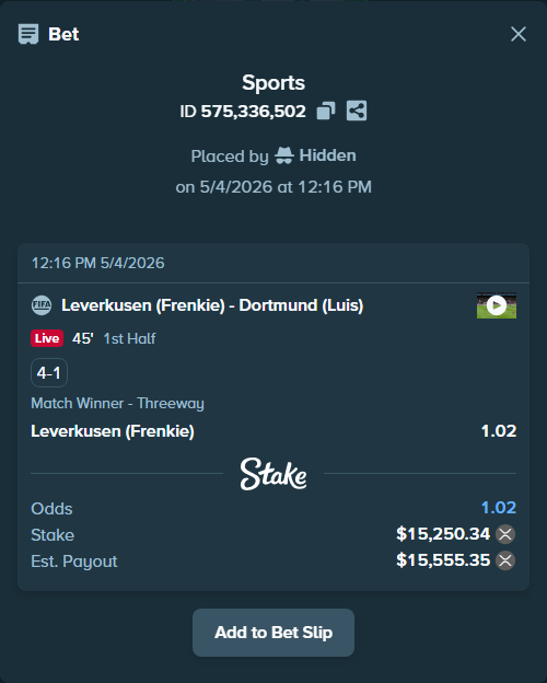 Bet slip: Leverkusen (Frenkie) - Dortmund (Luis), $27,099.86 stake at 1.02 odds, placed by Hidden