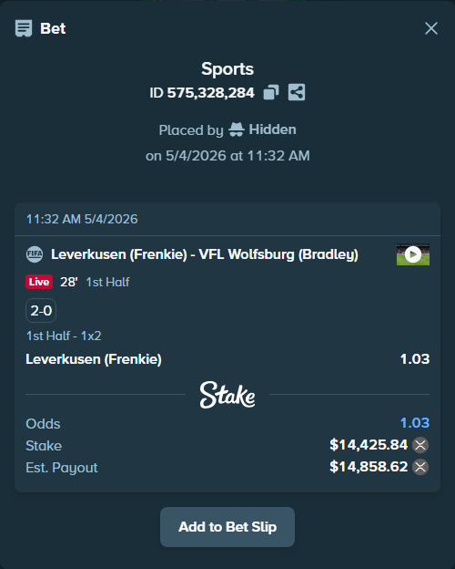 Bet slip: Leverkusen (Frenkie) - VFL Wolfsburg (Bradley), $25,775.37 stake at 1.03 odds, placed by Hidden