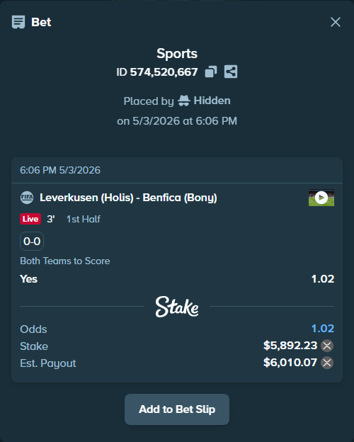 Bet slip: Leverkusen (Holis) - Benfica (Bony), $10,616.32 stake at 1.02 odds, placed by Hidden