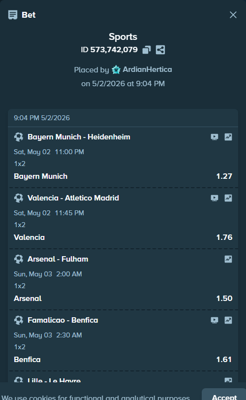 Bet slip: Lille - Le Havre, $10,000.00 stake at 1.42 odds, placed by ArdianHertica
