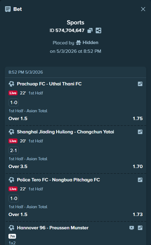 Bet slip: Lille - Le Havre, $10,000.00 stake at 1.41 odds, placed by Hidden