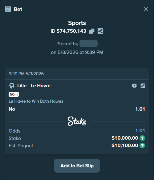 Bet slip: Lille - Le Havre, $10,000.00 stake at 1.01 odds, placed by Ufpnjh