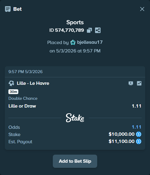 Bet slip: Lille - Le Havre, $10,000.00 stake at 1.11 odds, placed by bjellesau17