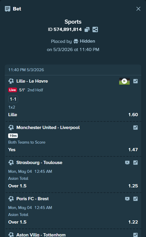 Bet slip: Lille - Le Havre, $10,698.16 stake at 1.60 odds, placed by Hidden