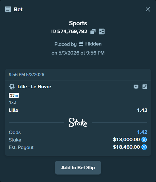 Bet slip: Lille - Le Havre, $13,000.00 stake at 1.42 odds, placed by Hidden