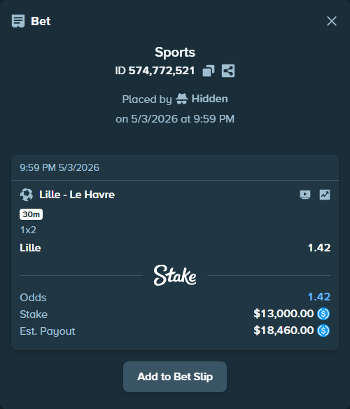 Bet slip: Lille - Le Havre, $13,000.00 stake at 1.42 odds, placed by Hidden