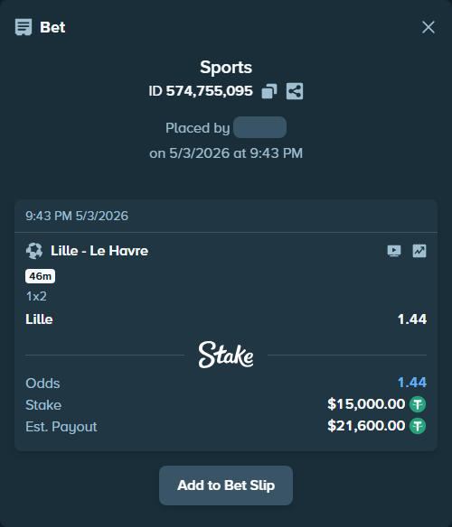 Bet slip: Lille - Le Havre, $15,000.00 stake at 1.44 odds, placed by Snake7