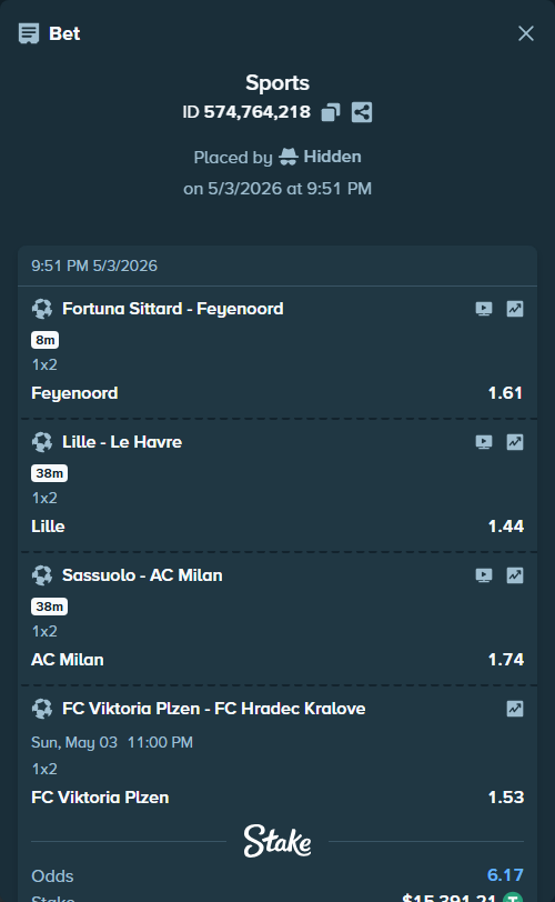 Bet slip: Lille - Le Havre, $15,391.21 stake at 1.44 odds, placed by Hidden
