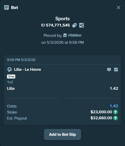 Bet slip: Lille - Le Havre, $23,000.00 stake at 1.42 odds, placed by Hidden