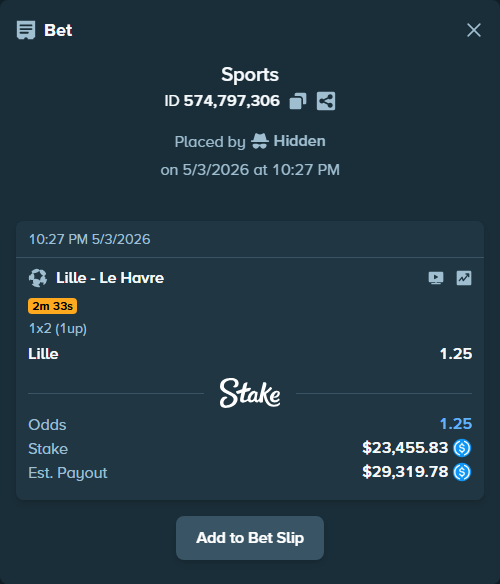 Bet slip: Lille - Le Havre, $23,455.83 stake at 1.25 odds, placed by Hidden