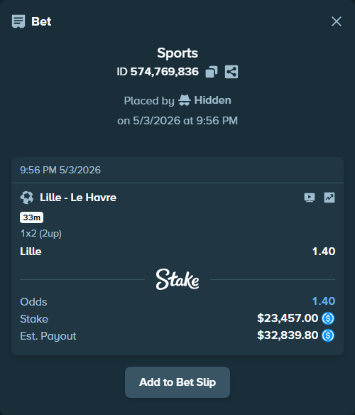 Bet slip: Lille - Le Havre, $23,457.00 stake at 1.40 odds, placed by Hidden