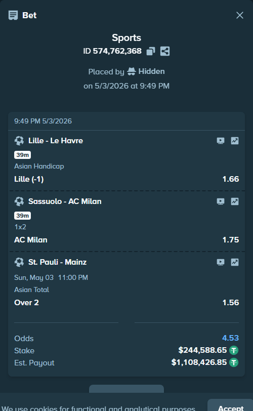 Bet slip: Lille - Le Havre, $244,588.65 stake at 1.66 odds, placed by Hidden
