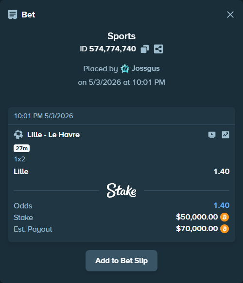 Bet slip: Lille - Le Havre, $44,415.00 stake at 1.40 odds, placed by Jossgus