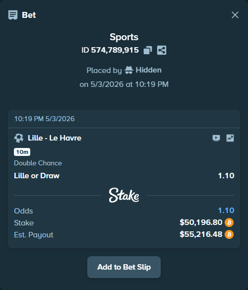 Bet slip: Lille - Le Havre, $44,624.96 stake at 1.10 odds, placed by Hidden