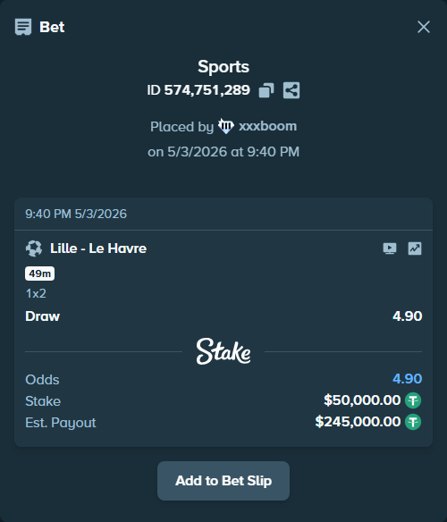 Bet slip: Lille - Le Havre, $50,000.00 stake at 4.90 odds, placed by xxxboom
