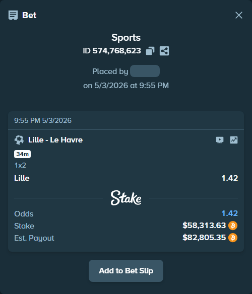 Bet slip: Lille - Le Havre, $51,800.00 stake at 1.42 odds, placed by ArvaPandaM