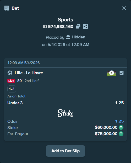 Bet slip: Lille - Le Havre, $60,000.00 stake at 1.25 odds, placed by Hidden