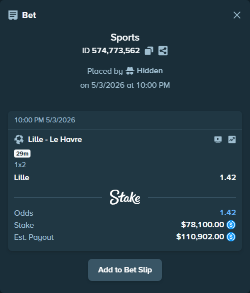 Bet slip: Lille - Le Havre, $78,100.00 stake at 1.42 odds, placed by Hidden