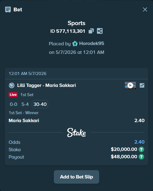 Bet slip: Lilli Tagger - Maria Sakkari, $20,000.00 stake at 2.40 odds, placed by Horodek95