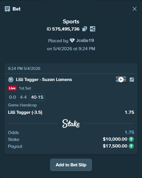 Bet slip: Lilli Tagger - Suzan Lamens, $10,000.00 stake at 1.75 odds, placed by Jcalle19