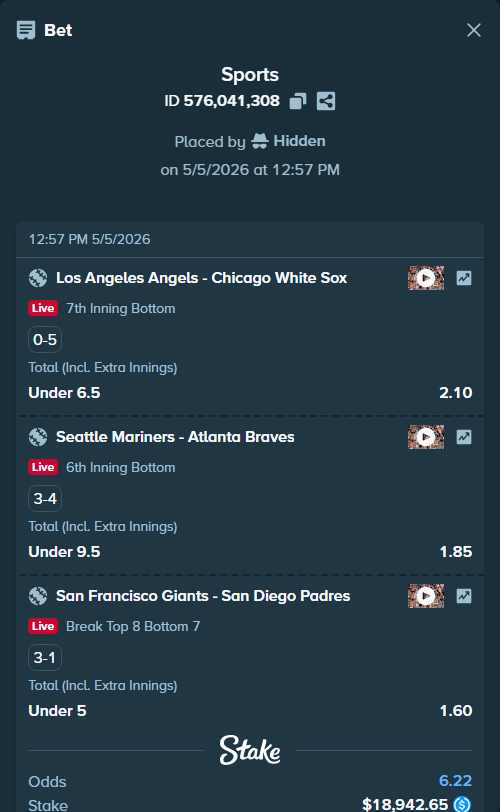 Bet slip: Los Angeles Angels - Chicago White Sox, $18,942.65 stake at 2.10 odds, placed by Hidden