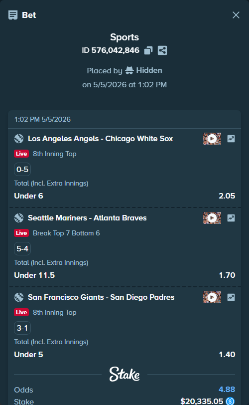 Bet slip: Los Angeles Angels - Chicago White Sox, $20,335.05 stake at 2.05 odds, placed by Hidden