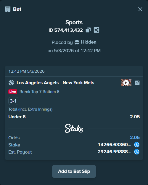 Bet slip: Los Angeles Angels - New York Mets, $14,266.63 stake at 2.05 odds, placed by Hidden