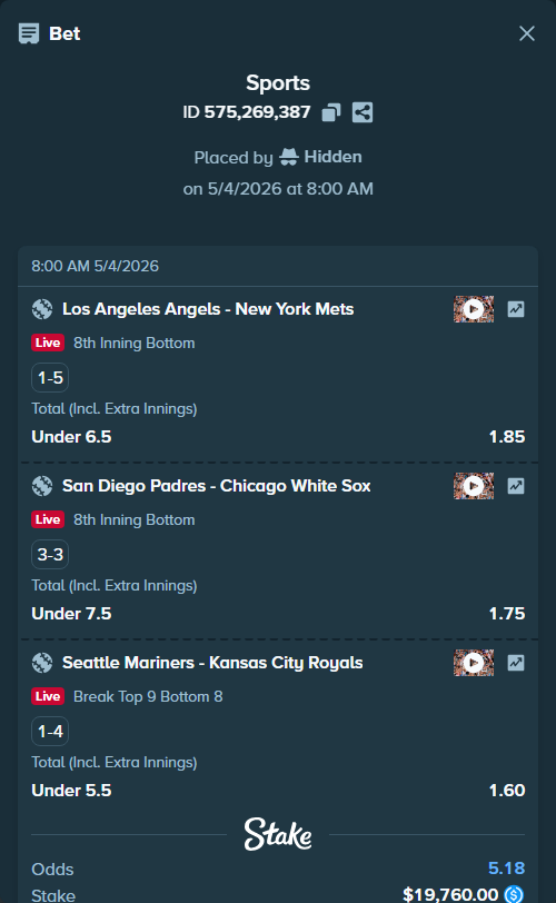 Bet slip: Los Angeles Angels - New York Mets, $19,760.00 stake at 1.85 odds, placed by Hidden