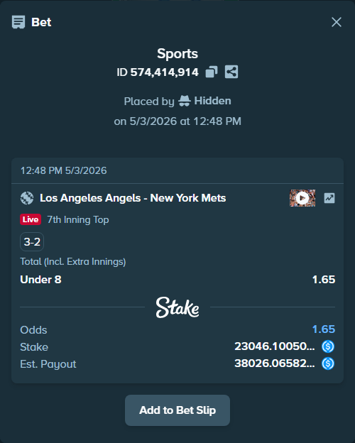 Bet slip: Los Angeles Angels - New York Mets, $23,046.10 stake at 1.65 odds, placed by Hidden