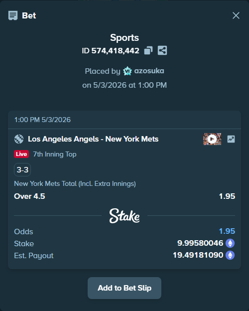 Bet slip: Los Angeles Angels - New York Mets, $34,985.30 stake at 1.95 odds, placed by azosuka