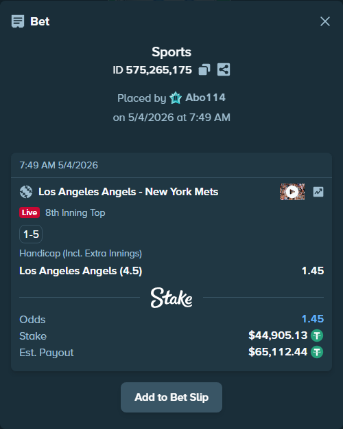 Bet slip: Los Angeles Angels - New York Mets, $44,905.13 stake at 1.45 odds, placed by Abo114